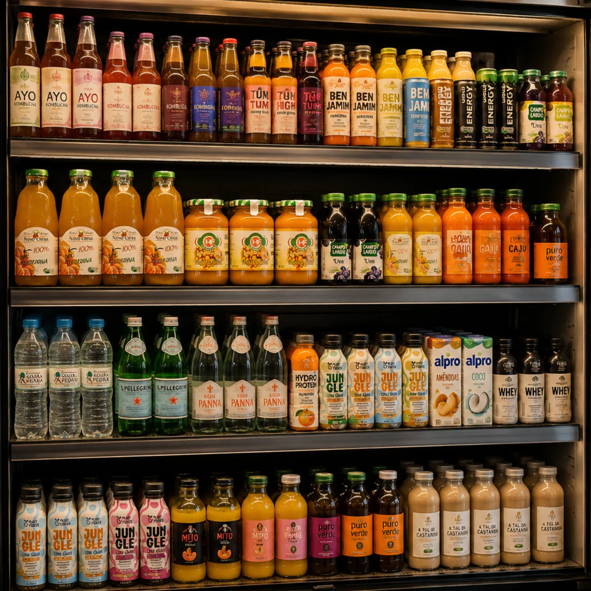 Bebidas naturais e orgânicas selecionadas no Emporium Lia Toss