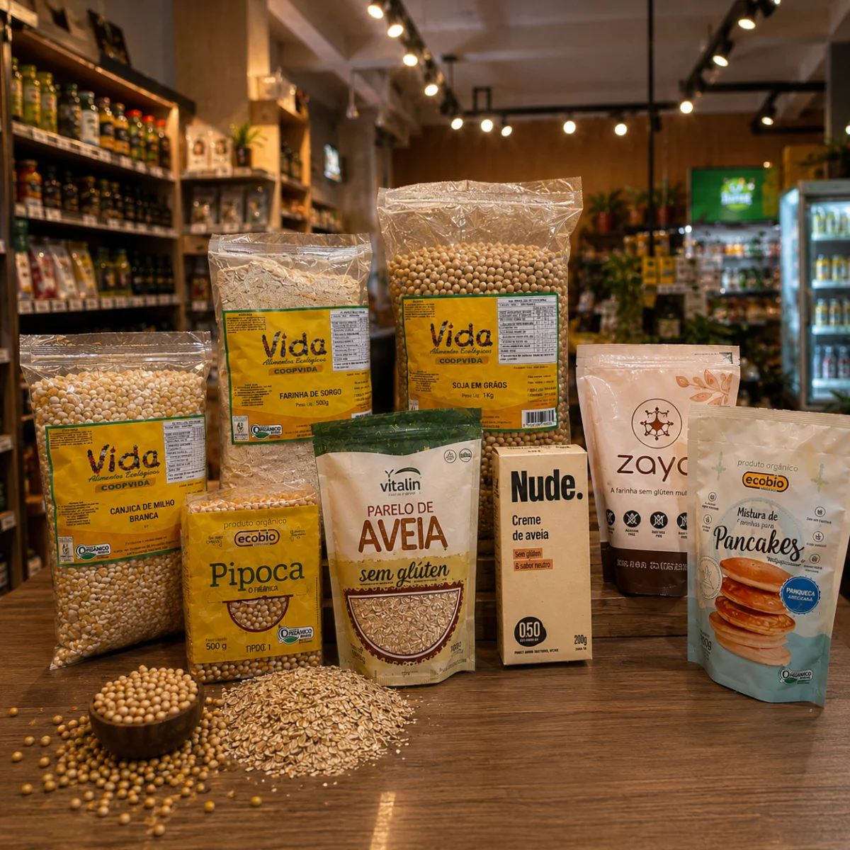 Grãos, cereais e farinhas orgânicos selecionados no Emporium Lia Toss